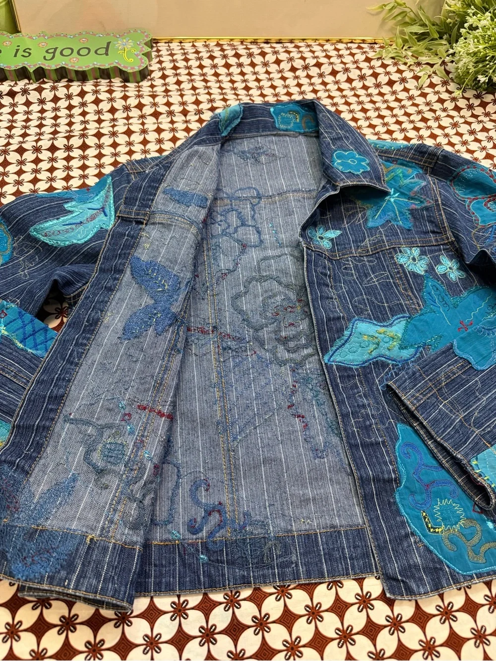 Blue Floral Patchwork Denim Jacket